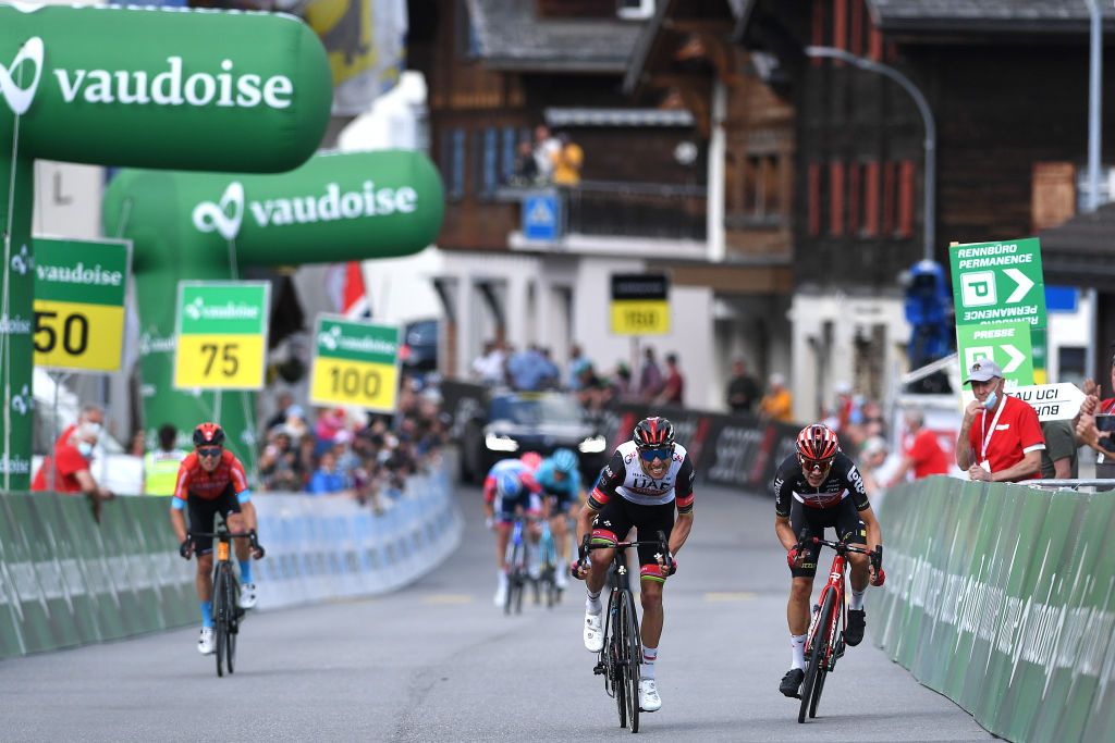 DISENTIS SEDRUN SWITZERLAND JUNE 11 Rui Alberto Faria Da Costa of Portugal and UAE Team Emirates Andreas Lorentz Kron of Denmark and Team Lotto Soudal sprint at arrival during the 84th Tour de Suisse 2021 Stage 6 a 1301km stage from Andermatt to DisentisSedrun 1413m UCIworldtour tds tourdesuisse on June 11 2021 in DisentisSedrun Switzerland Photo by Tim de WaeleGetty Images