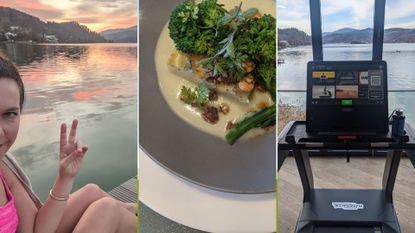 Lydia swinscoe sitting lakeside at VIVAMAYR Maria Wörth alongside a plate of food from the clinic and a treadmill looking out over a lake 