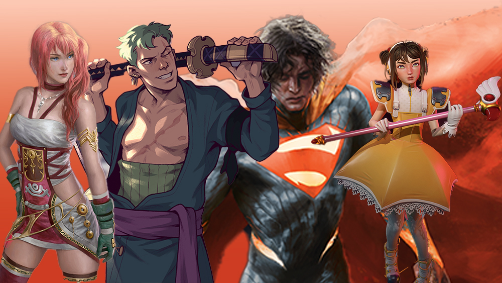 fan art showing characters from Final Fantasy, One Piece, Superman and Cardcaptor Sakura