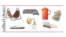 January sales graphic – white background with Retreat Leather Log Holder, Habitat Easton Opal Wall Light, La Redoute Hooded Towelling Bathrobe, Ercol Bellaria Right Hand Facing Chaise Sofa, Emma mattress, Ercol Teramo Bed Frame , Le Creuset coffee press in orange
