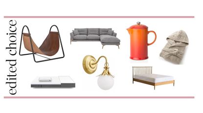 January sales graphic – white background with Retreat Leather Log Holder, Habitat Easton Opal Wall Light, La Redoute Hooded Towelling Bathrobe, Ercol Bellaria Right Hand Facing Chaise Sofa, Emma mattress, Ercol Teramo Bed Frame , Le Creuset coffee press in orange