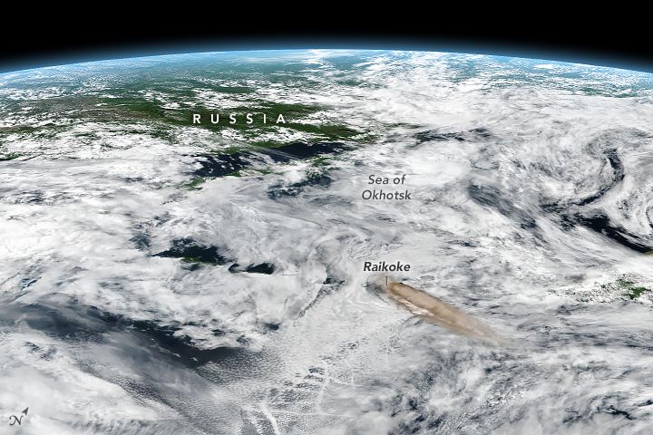An image from the Suomi NPP weather satellite shows the Raikoke volcano from space a few hours after the eruption began.