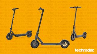 Three electric scooters on yellow background
