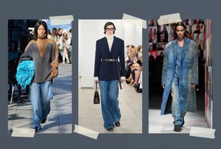 A collage of runway images featuring denim trends from the fall/winter 2024 collections.