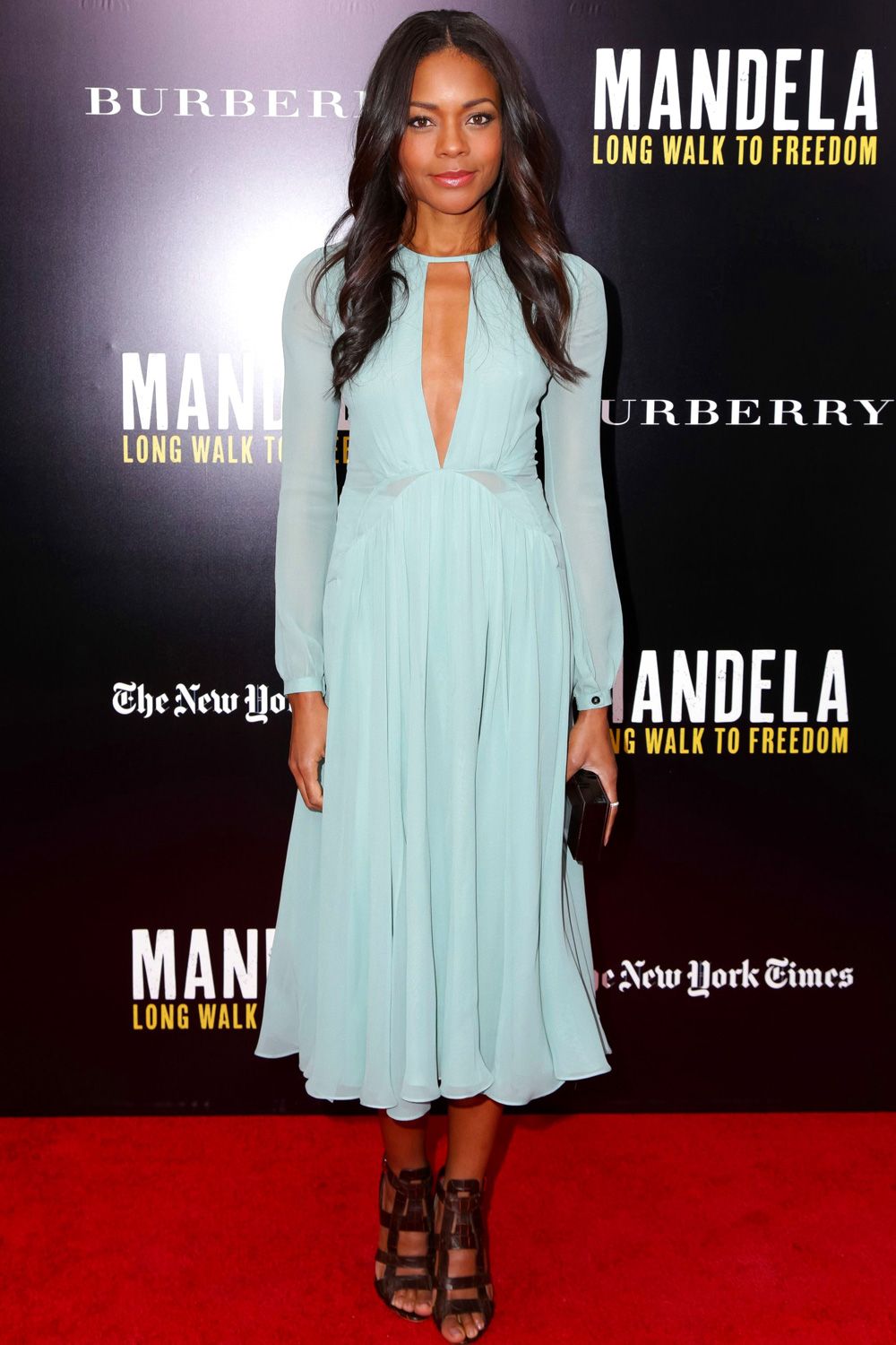 Naomie Harris in a pretty blue Burberry cutout dress