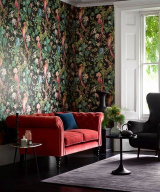 colors that go with red, living room with black floor, black armchair, side tables and vase, wallpaper with trailing leaves and parrots on black background, red couch, dark grey rug, white woodwork and original shutters