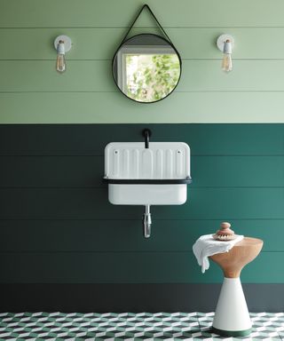 Bathroom with wall hung basin and mirror and two lights above on wall in two shades of green in bathroom with patterned tile floor and stool