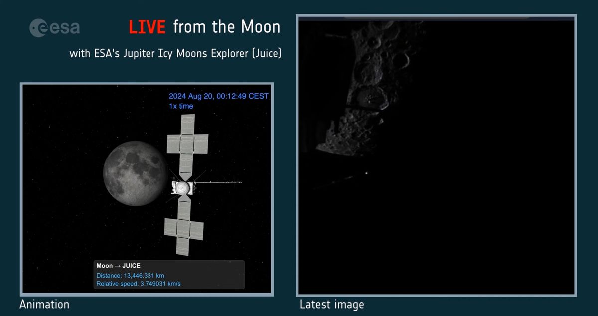 Europe’s Jupiter probe JUICE races past the moon in historic flyby (photos)