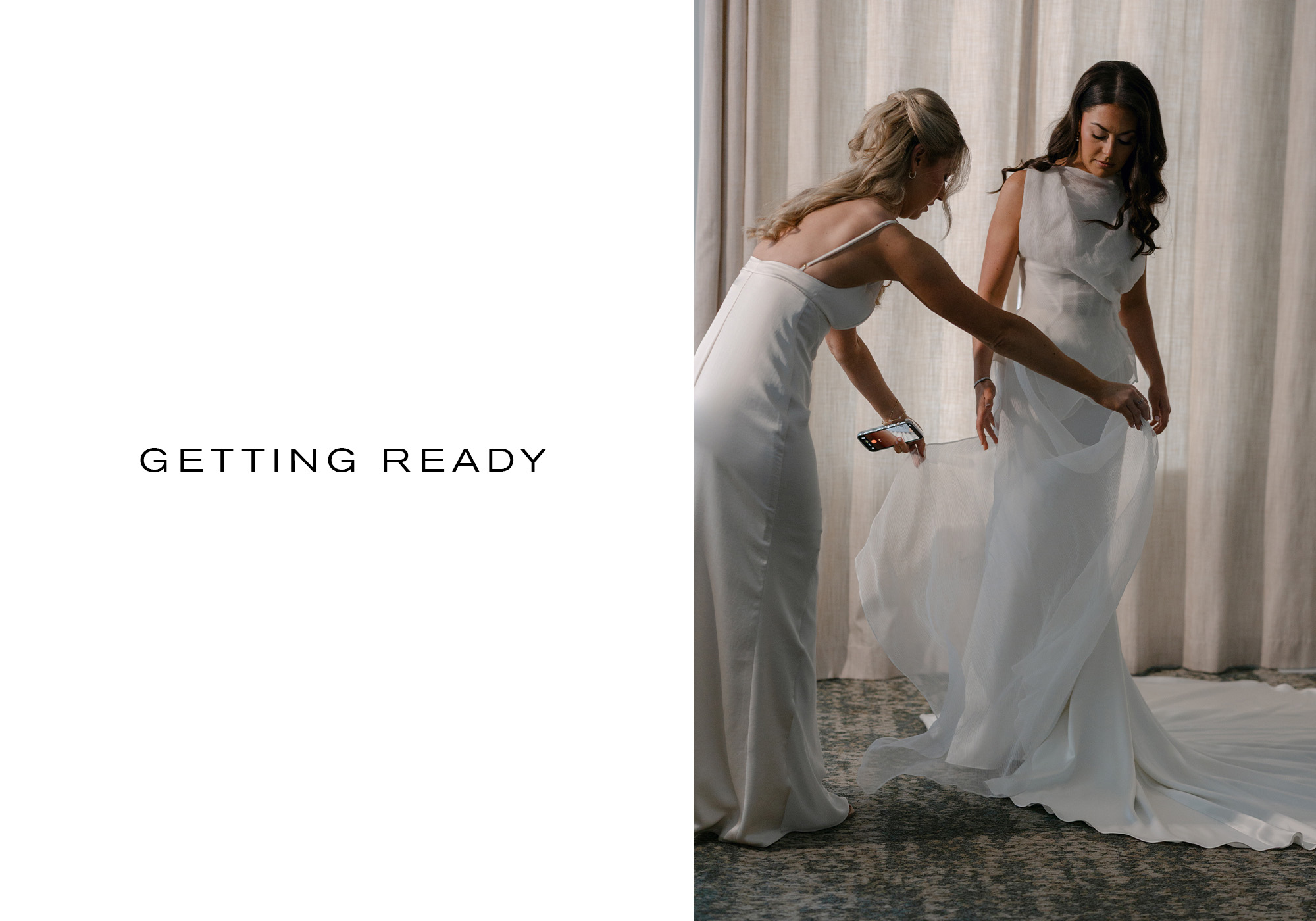 Kelli Orihuela putting on her wedding dress.