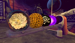 Five unique bowling ball designs, one is clear with a flower in, one is covered in cheetah print, one looks like a acrtoon bomb, one is a glowing ball of purple energy and one is all black.