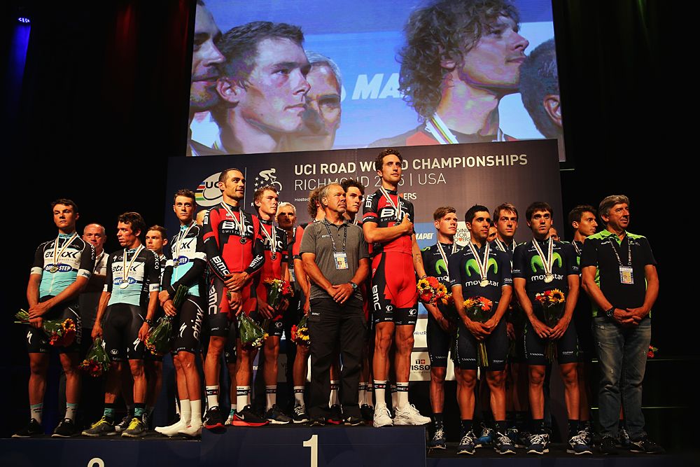 Etixx-Quickstep, BMC and Movistar on the TTT podium