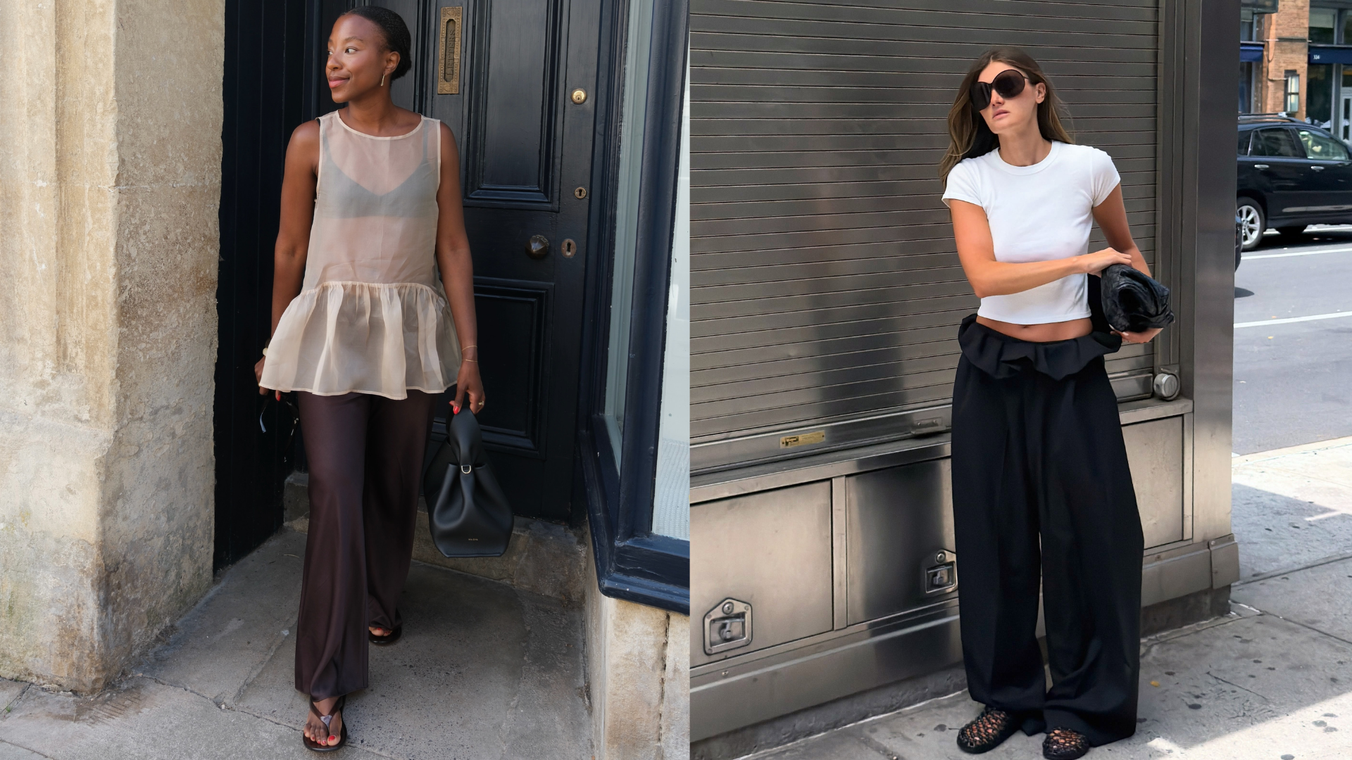 Collage of women wearing anti-denim fall pants.