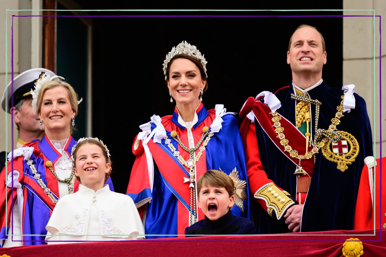 Kate Middleton, Prince William, Princess Charlotte, Prince Louis and Sophie Wessex on Buckingham Palace balcony at King&#039;s coronation