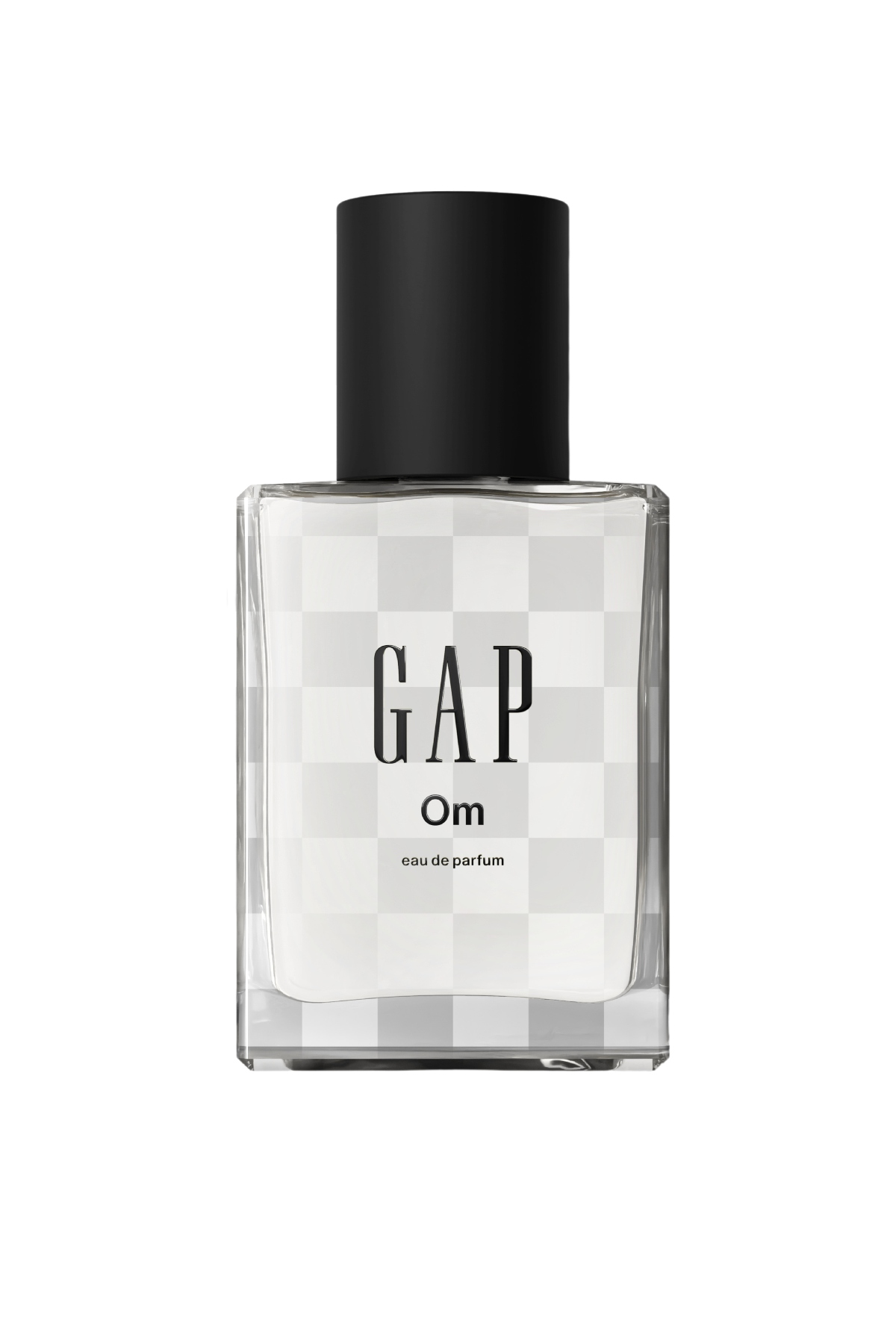 a clear glass bottle of Gap Om perfume