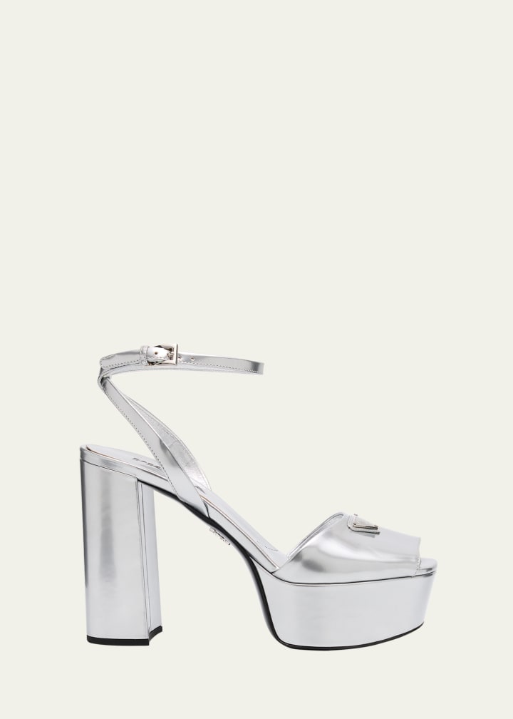 Metallic Leather Ankle-Strap Platform Sandals
