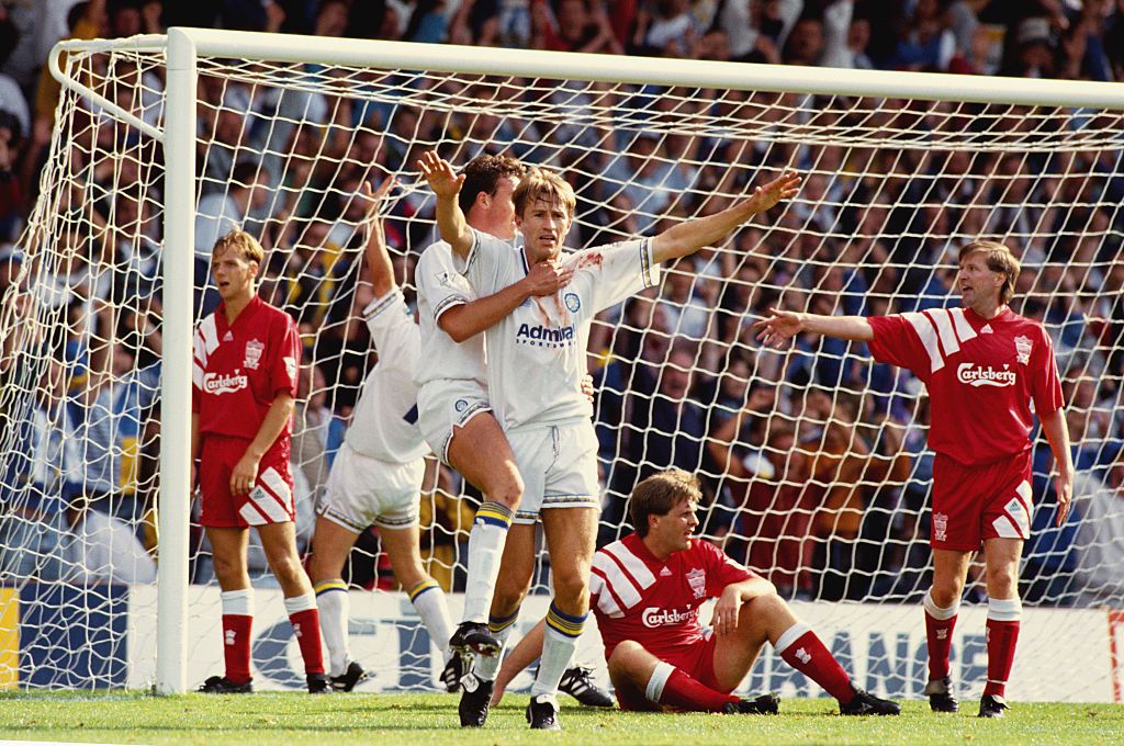 Best Leeds United retro shirts 2022: Leeds&#039; best classic football shirts ever: Leeds striker Lee Chapman celebrates his late equaliser during a Premier League match between Leeds United and Liverpool at Elland Road on August 29, 1992 in Leeds, England