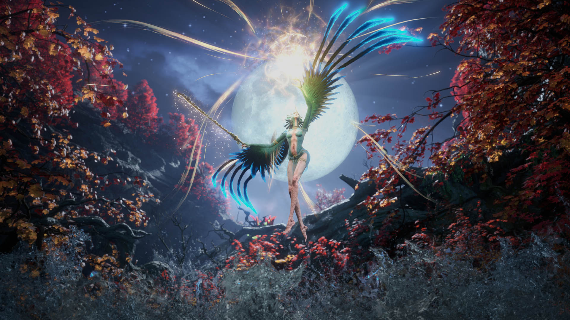 A winged creature summons energy in front of the moon in Wuchang: Fallen Feathers
