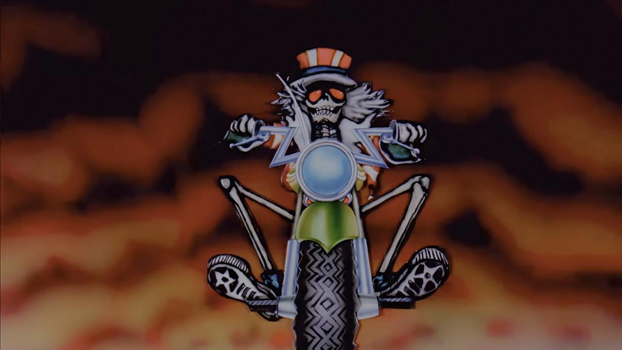 An animated skeleton riding a motorcycle in The Grateful Dead Movie
