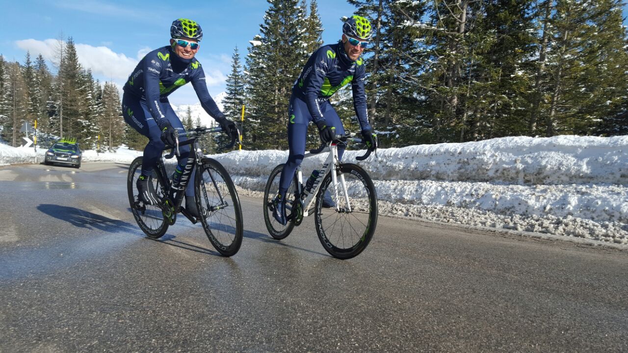 Alejandro Valverde and Andrey Amador (Movistar) preview the route for stage 14 of the Giro d'Italia