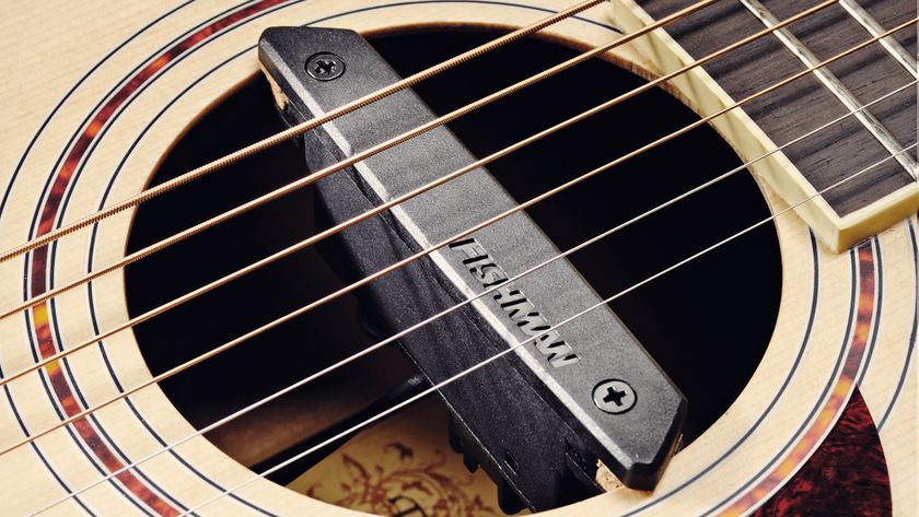 A Fishman Rare Earth single-coil acoustic guitar pickup fitted to the soundhole of an acoustic guitar, during a studio shoot for Guitarist Magazine, March 6, 2008. 