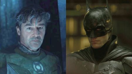 Kyle Chandler dressed in a green and brown leather green lantern suit, Robert Pattinson in Bat suit for his 2022 The Batman.
