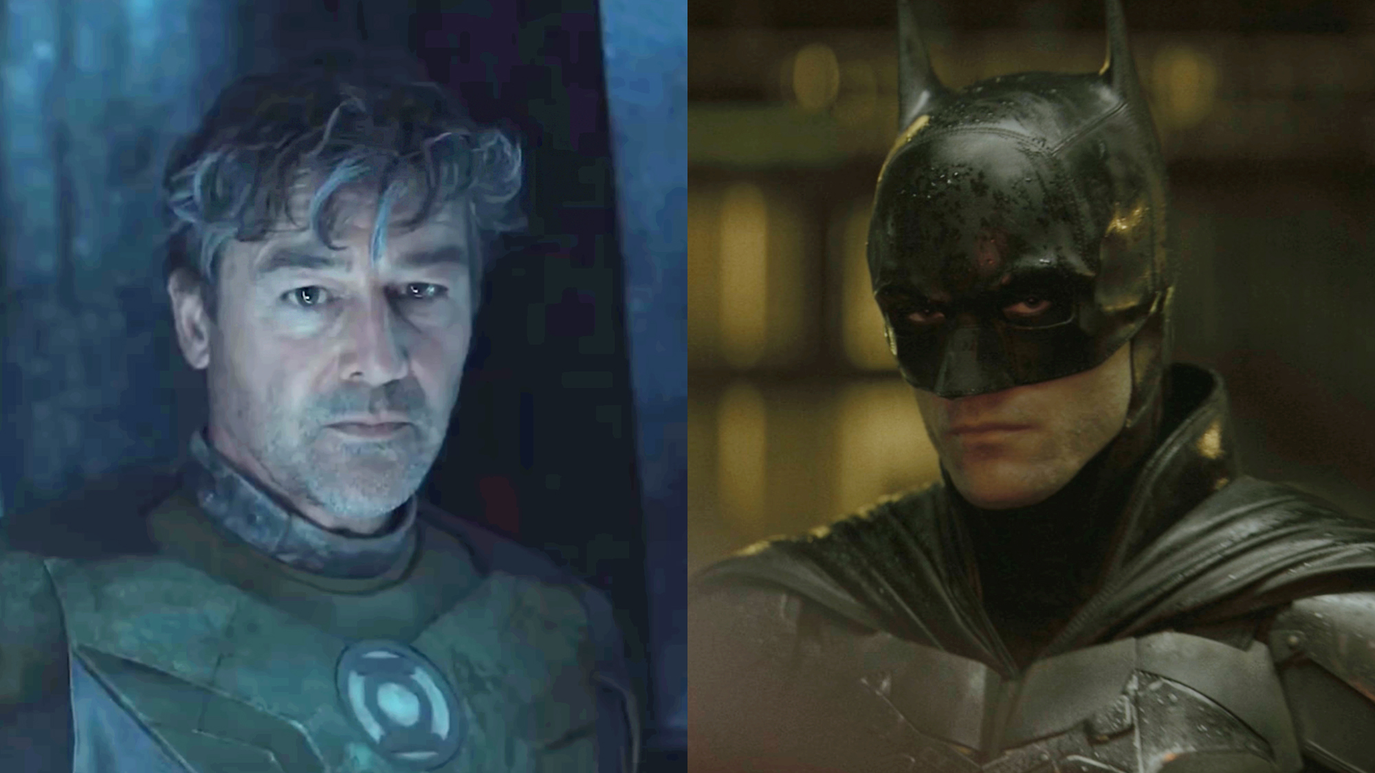 Kyle Chandler dressed in a green and brown leather green lantern suit, Robert Pattinson in Bat suit for his 2022 The Batman.