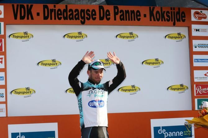 Mark Cavendish (Omega Pharma-QuickStep) on the podium after winning stage 2 at the Three Days of De Panne.