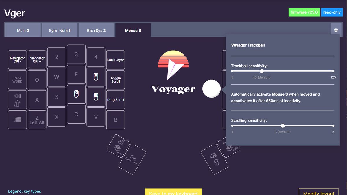 A screenshot of the ZSA Oryx keymapping software for its ergonomic keyboard