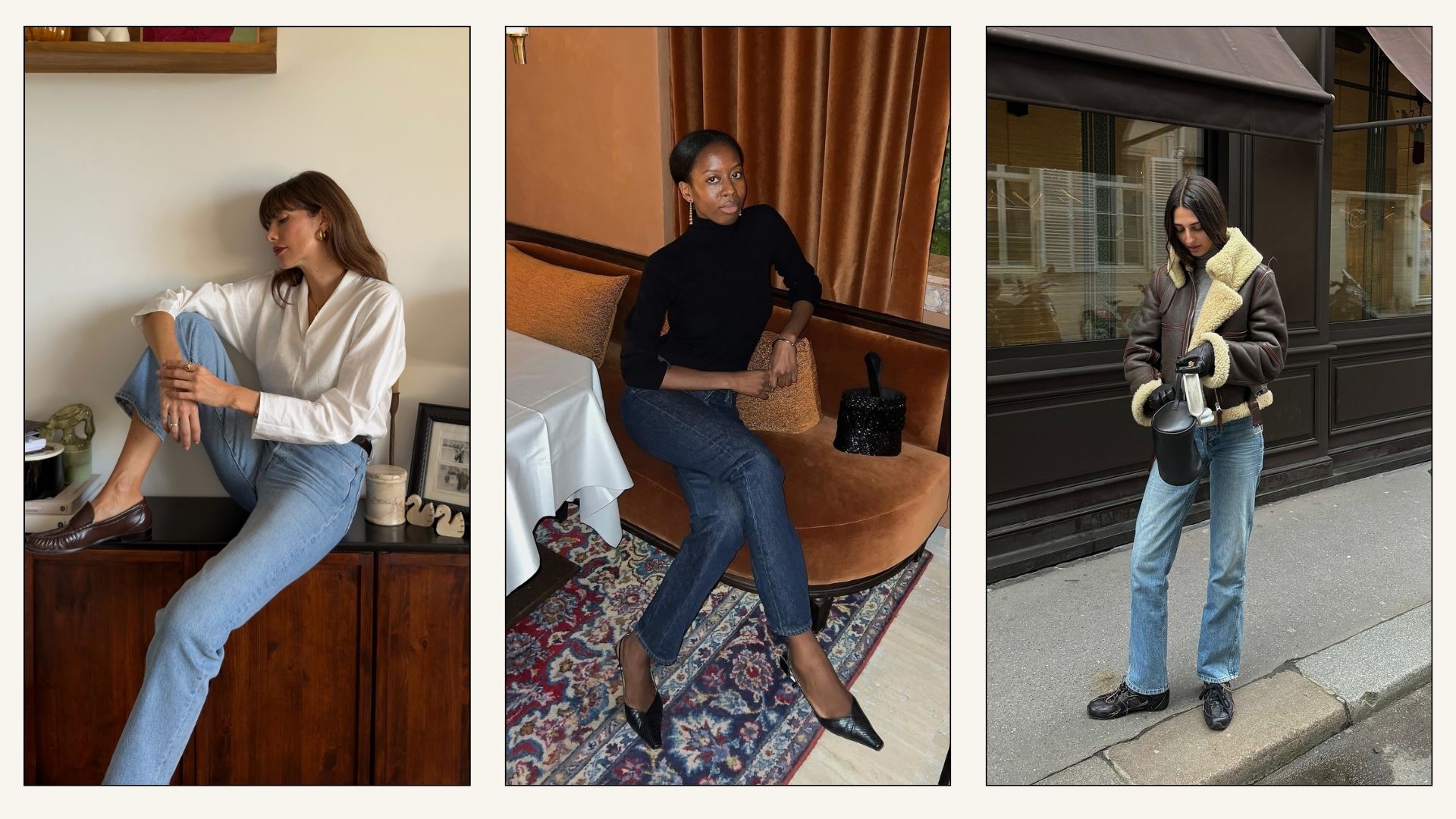 Collage of influencers wearing cigarette jeans with loafers, trainer and pointed-toe heels.