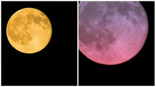 The full moon of June 20, 2016, had a colorful tint, created by light passing through Earth's atmosphere. The color is exaggerated in these images by photographer Nate Laurant.