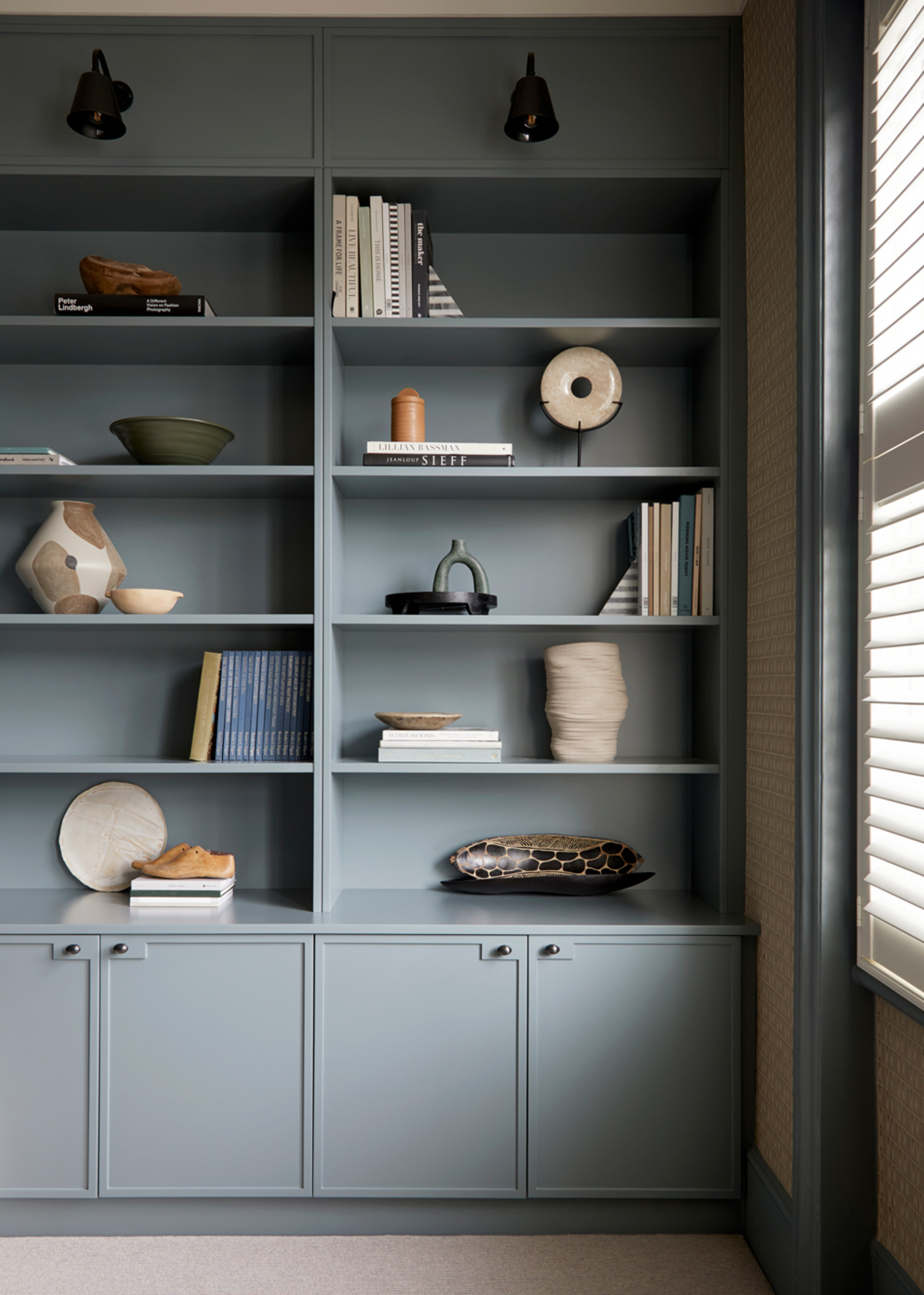 Bespoke shelving unit painted grey