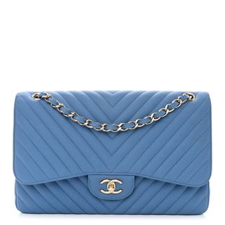 Chanel Caviar Flat Chevron Quilted Jumbo Double Flap Blue