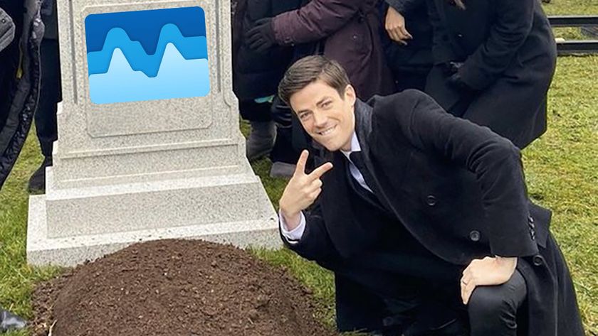Grant Gustin grave kneeling meme but with the Windows 11 Task Manager icon on the gravestone
