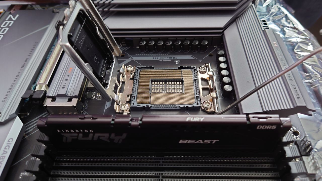 The LGA 1700 socket open on our motherboard