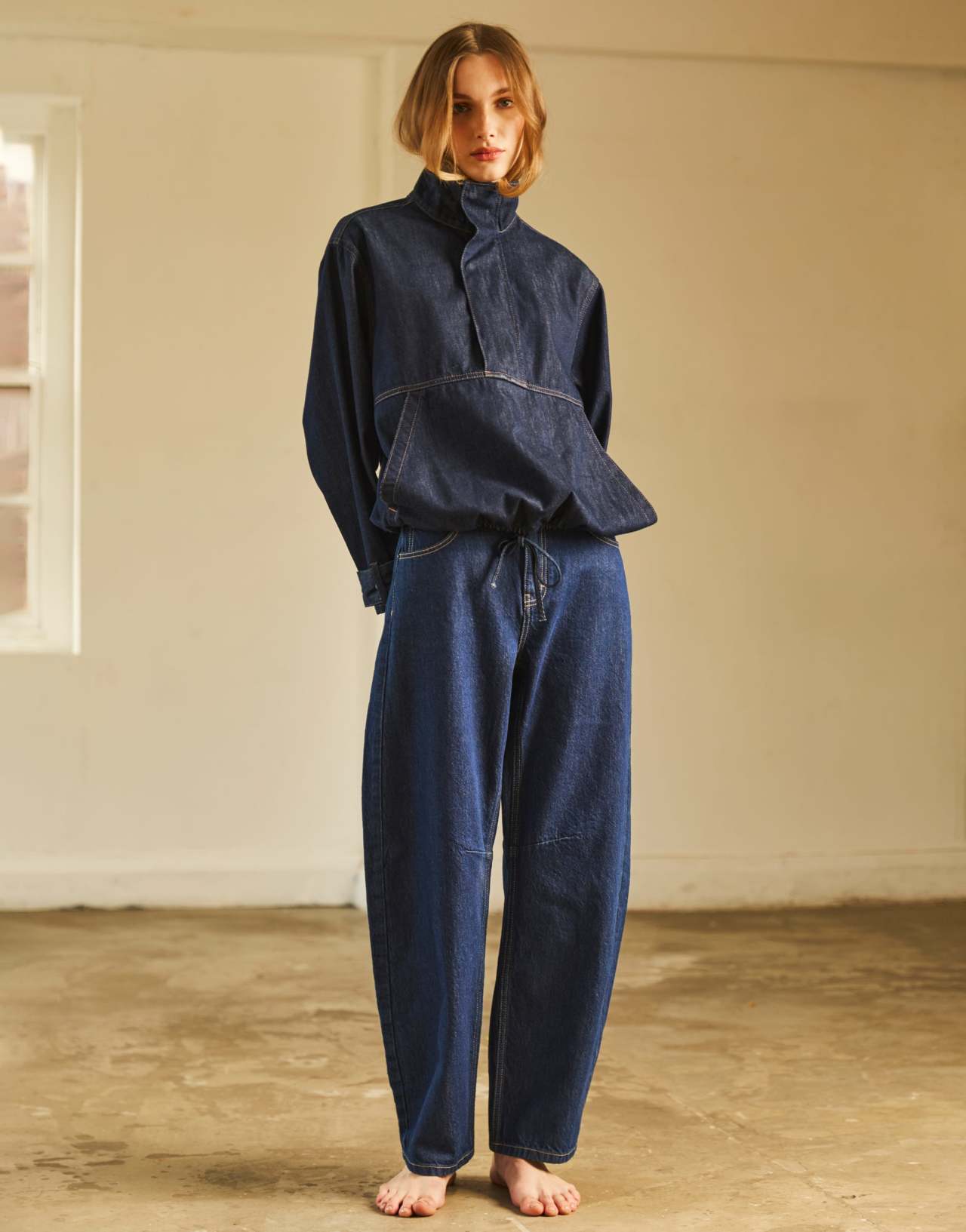 Topshop, Denim Bubble Top with Funnel Neck