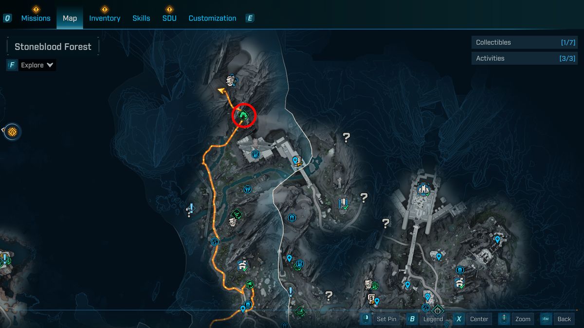 Borderlands 4 Convergence location: A map with a red circle pointing towards the Bittervein abandoned Auger mine in Stoneblood Forest, Terminus Range.