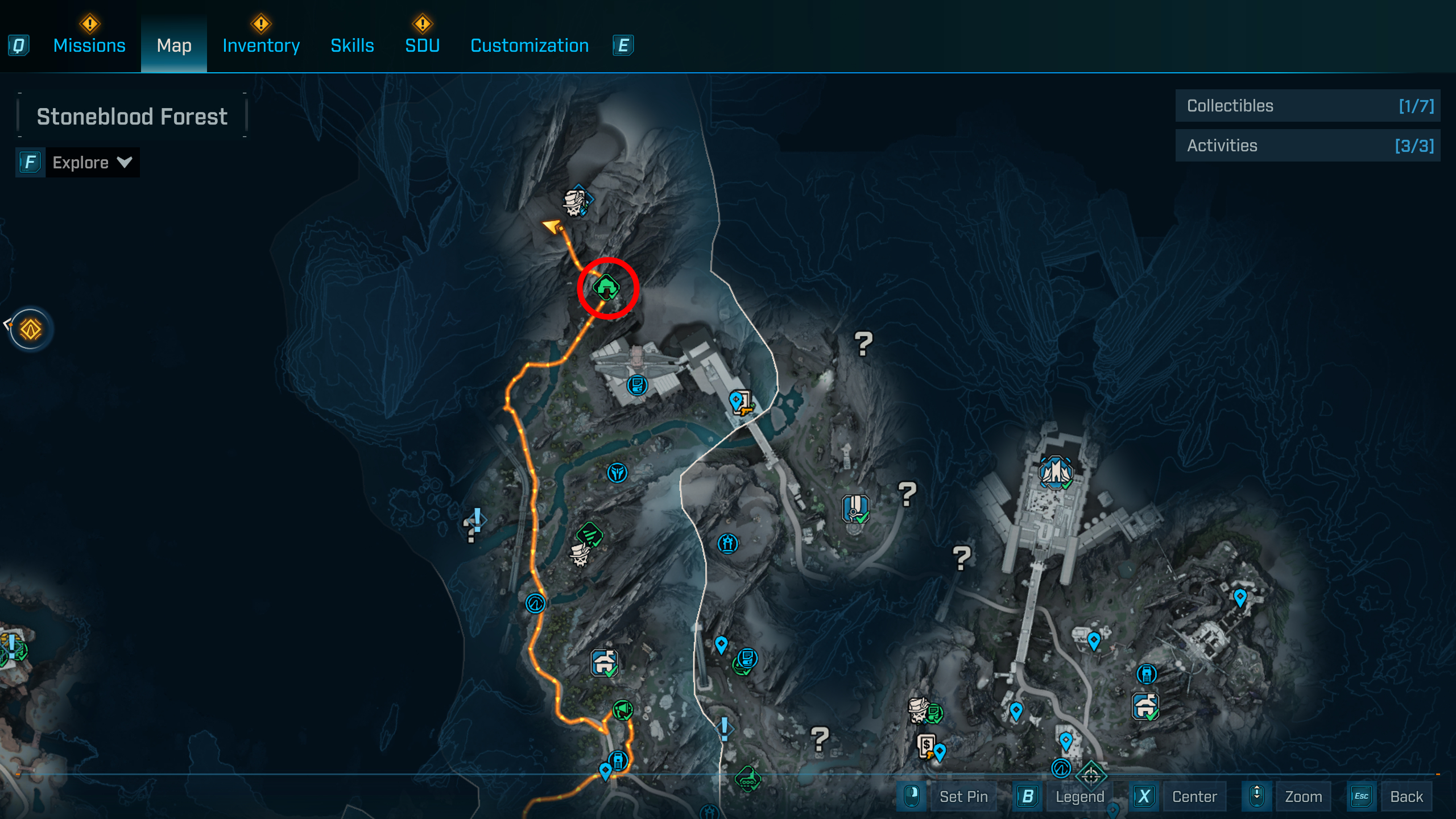 Borderlands 4 Convergence location: A map with a red circle pointing towards the Bittervein abandoned Auger mine in Stoneblood Forest, Terminus Range.