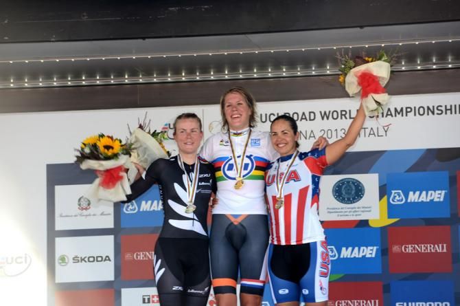 2013 women's time trial world championship podium (L-R): Linda Villumsen, Ellen Van Dijk and Carmen Small