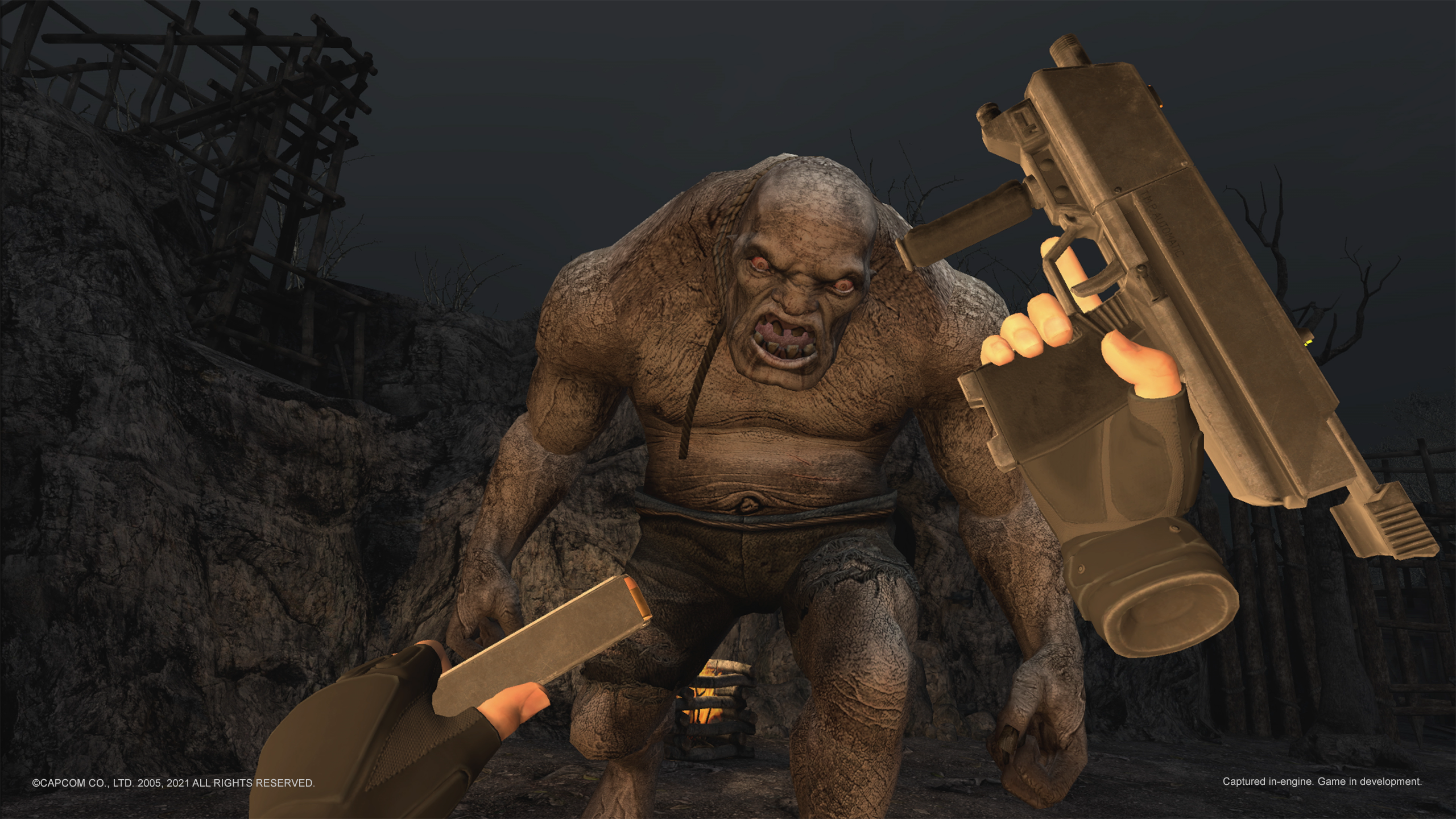 Player reloading an automatic gun as a large creature stares at them with bared teeth in Resident Evil 4 VR
