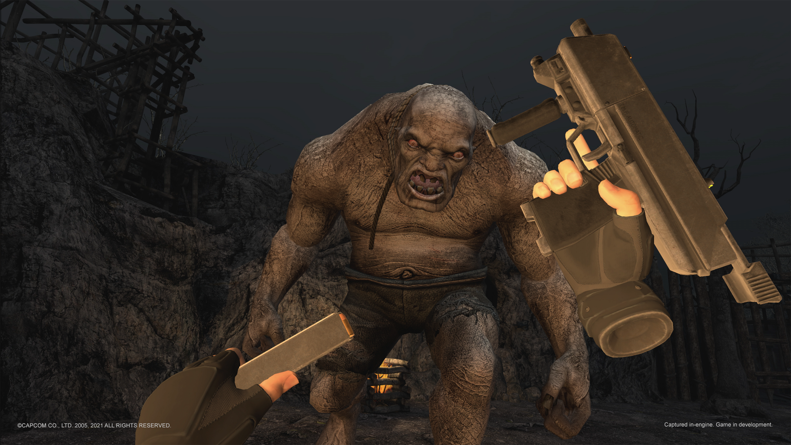 best Oculus Quest 2 games: Player reloading an automatic gun as a large creature stares at them with bared teeth in Resident Evil 4 VR