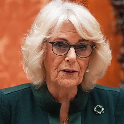 Queen Camilla wearing a green dress and brooch with glasses standing in front of an orange wall