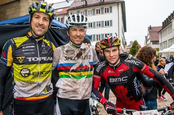 The men's podium on day 2: Alban Lakata, Christoph Sauser, Moritz Milatz