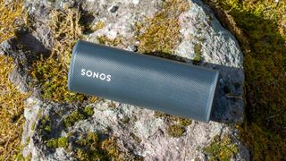 En mörkgrå Sonos Roam ligger utomhus på en mossig sten.