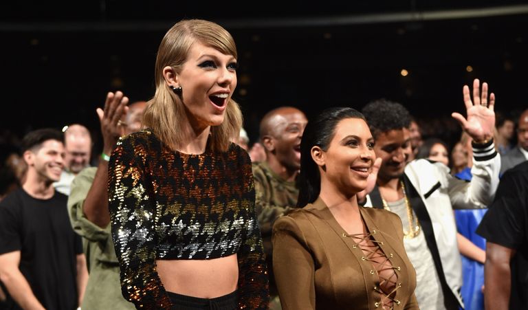 Taylor Swift and Kim Kardashian in the audience during the 2015 MTV Video Music Awards at Microsoft Theater on August 30, 2015 in Los Angeles, California