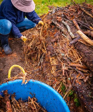 person adding shredded wood chippings to a raised no dig garden bed