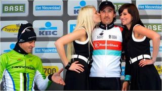 Peter Sagan (Cannondale) makes a crass move on the podium at the Tour of Flanders