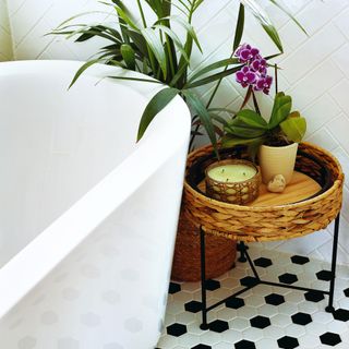 Houseplants in rattan pots next to bathtub