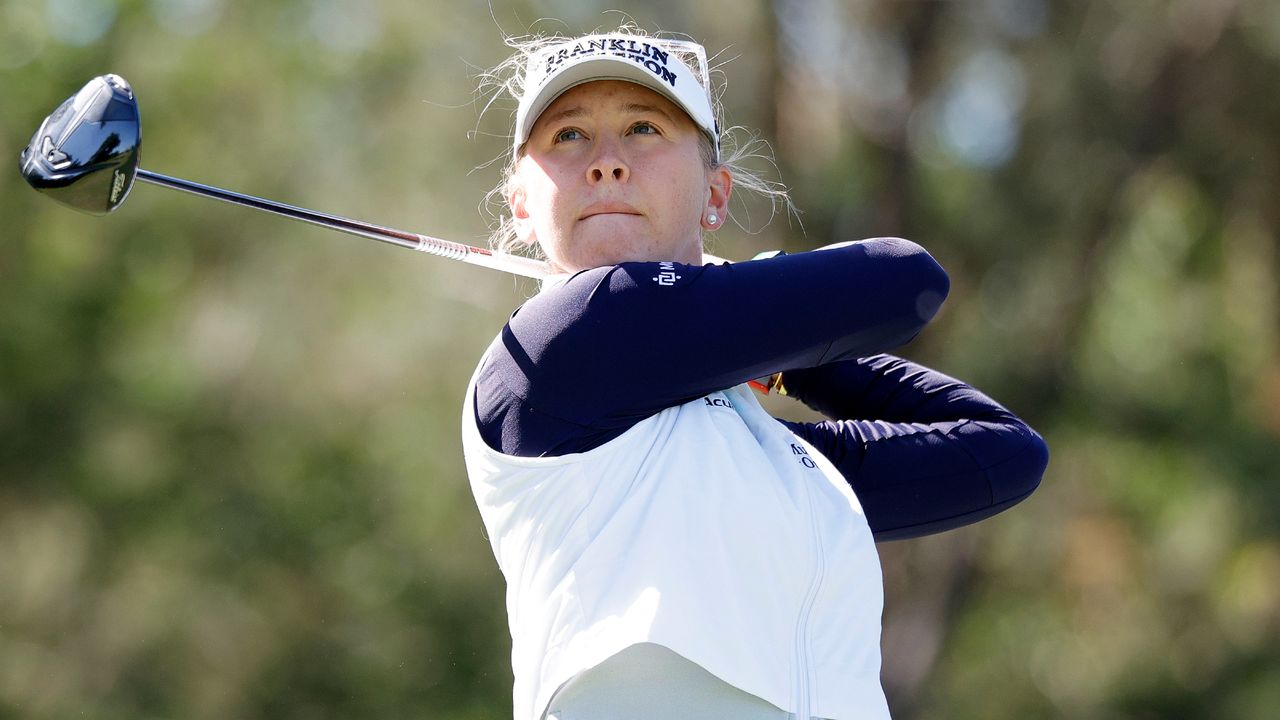 Jessica Korda takes a shot during the 2023 Chevron Championship at Carlton Woods