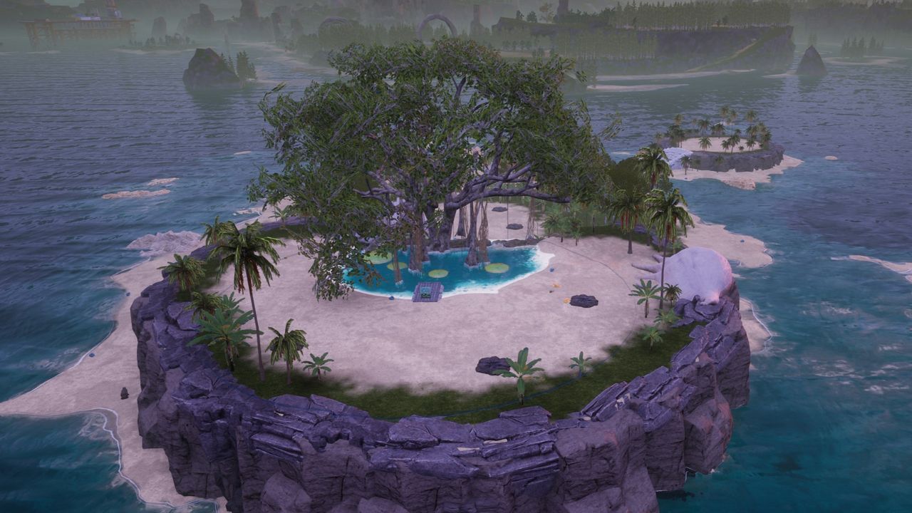 Palworld's Sunlit isles, a little string of land with a few waterfalls and crude oil deposits.