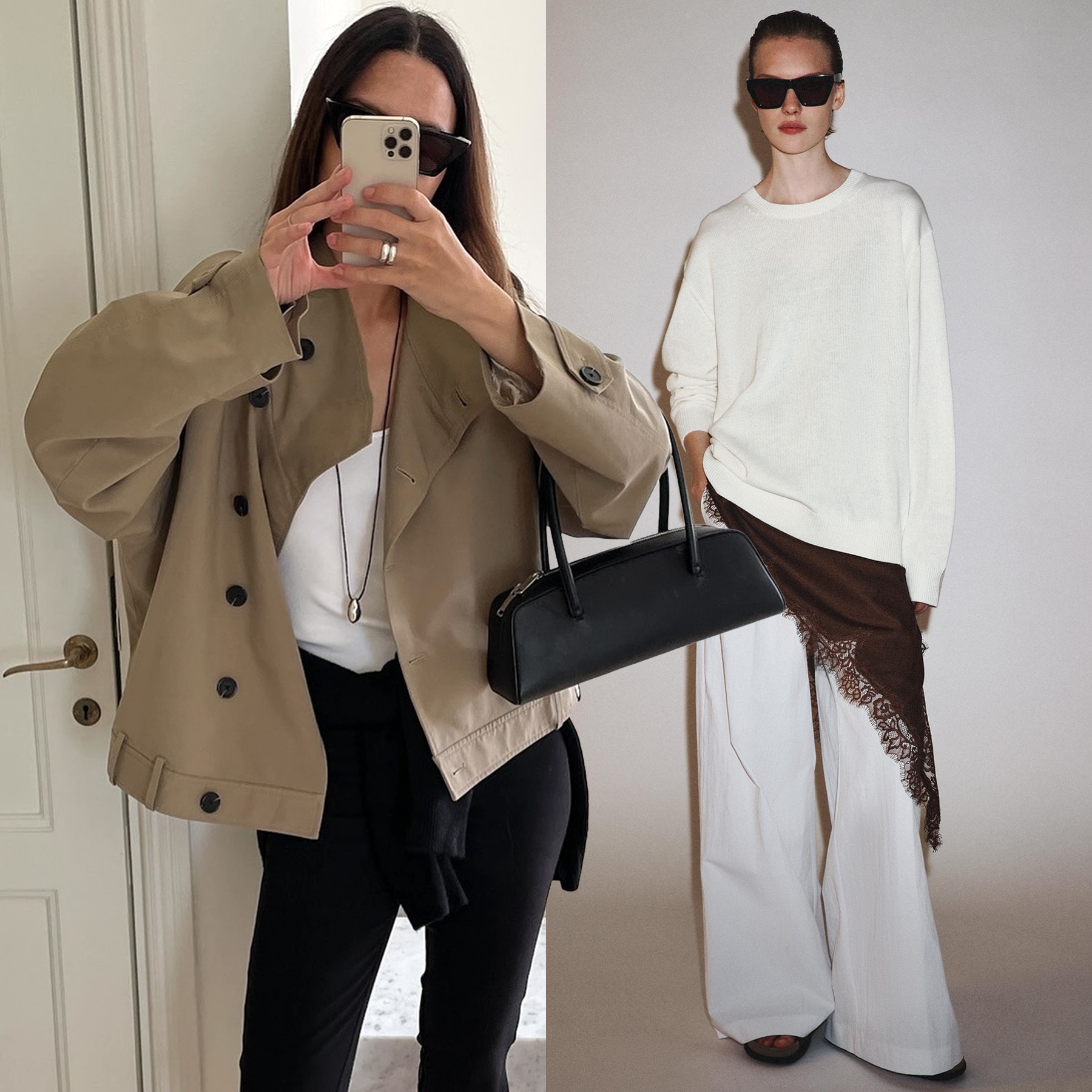 fashion collage of influencer Johanna Piispa wearing a cropped trench coat, white tee, silver pendant cord necklace, a black east-west bag, white top, and black capri pants alongside a Zara model image wearing an oversize white sweater layered over a brown lace hem dress, and wide-leg white pants
